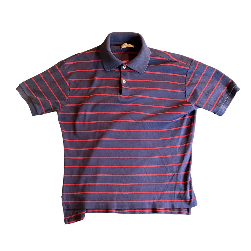 LL Bean Striped Polo Shirt Mens M Navy Blue Red Short Sleeve Cotton Pique